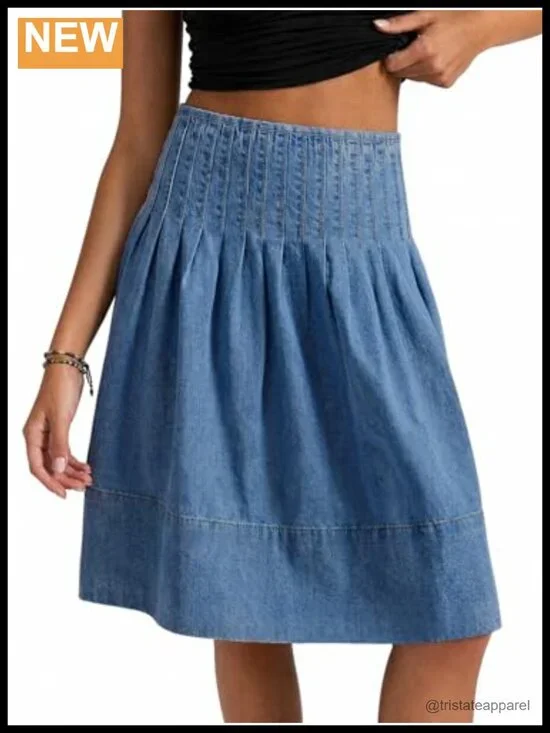 High Waisted Pleated Denim Skirt Midi A-Line Smocked Stretch
