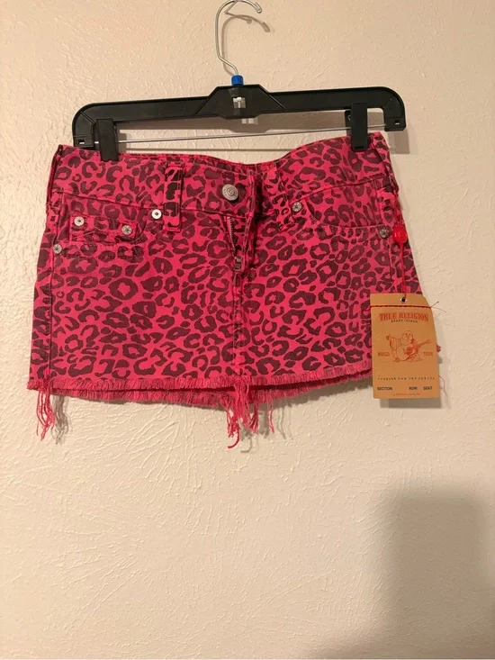 Pink Leopard Print Denim Mini Skirt