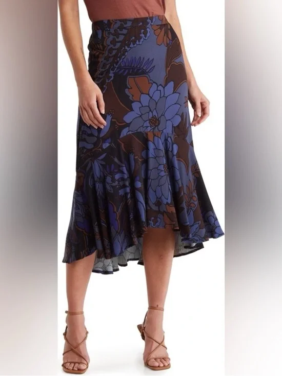 Blue Brown Floral Leaf Boho Modest High-Waist Midi Mermaid Tail Flare Skirt Sz L