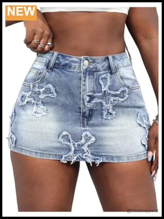 Graphic Mini Denim Skirt High Waisted Frayed Bodycon Y2k Jean Skirt