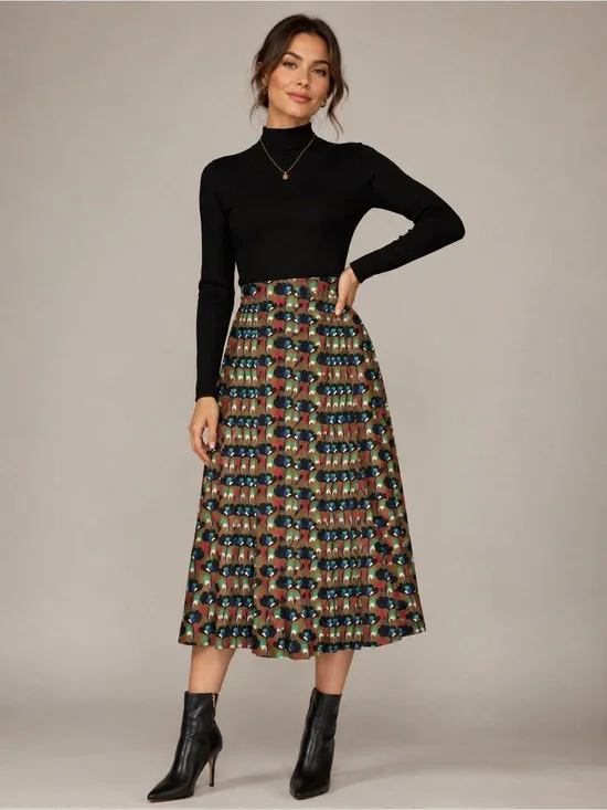 ZARA Brown Pleated Midi Skirt Multi-color Floral Retro Long Size XS
