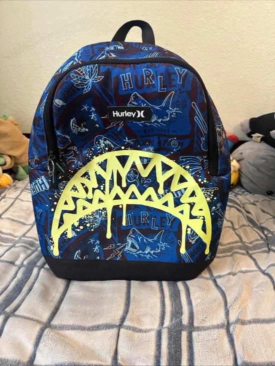 Hurley Blue Graphic Shark Backpack Bag Boys with Neon Yellow Accent