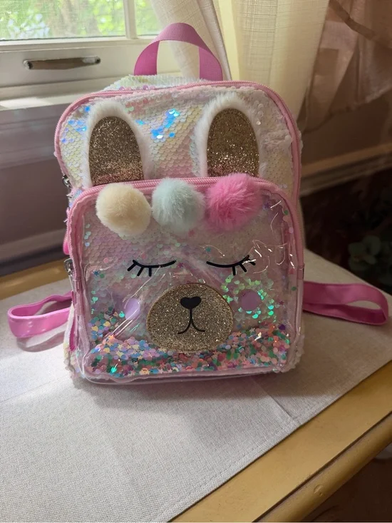 Cat & Jack Bunny Sequin Mini Backpack Pink Glitter Pom NWT