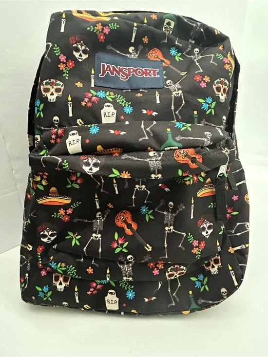 Jansport Black Backpack with Colorful Day of the Dead Motif