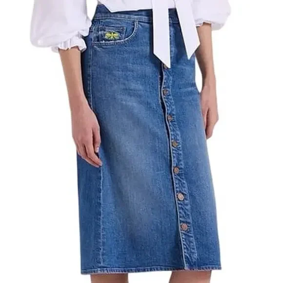 Mother La DoubleJ Button Vagabond Embroidered Blue Denim Midi Skirt Size 25 NEW