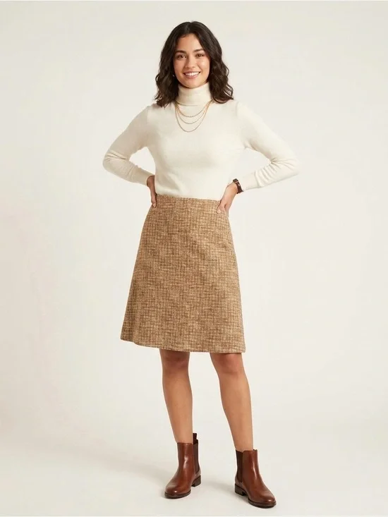 Piazza Sempione Linen Plaid Skirt Tan Woven Fitted Flare Hem. Size IT 42, US 10