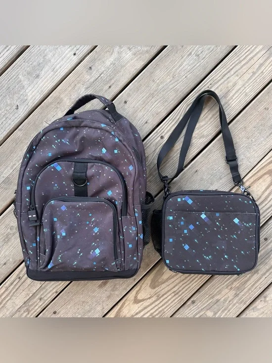 Pottery Barn Teen Minecraft The End Bookbag Backpack Lunch Box Black Blue Space
