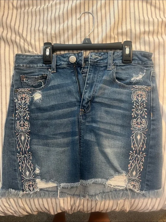 American Eagle Outfitters Blue Denim Skirt with Pink Embroidery