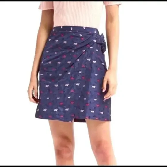 NWT $78 Banana Republic Size‎ 0 Blue Jacquard Faux Wrap Floral Skirt