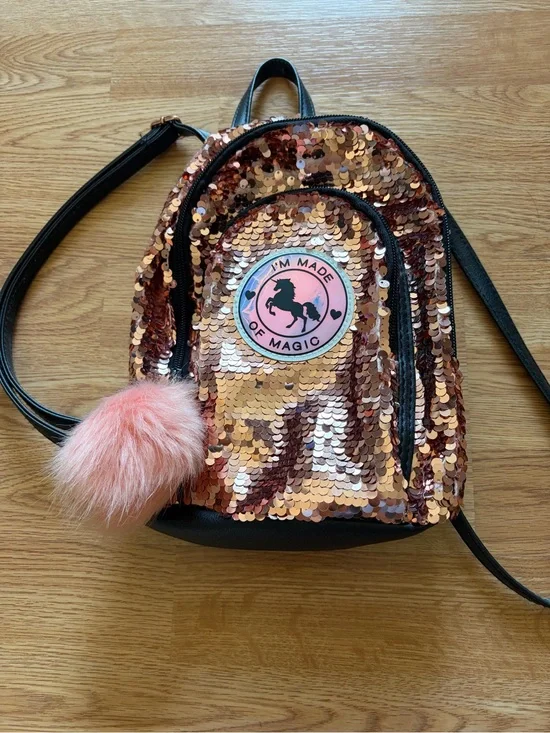 LIMITED EDITION Justice Flip Sequin Mini Backpack - Rose Gold with Pink Pom