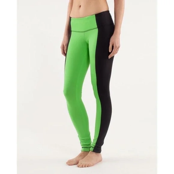 Lululemon Wunder Under Leggings Lime Green Black‎ Colorblock Sz 6 athletic gym