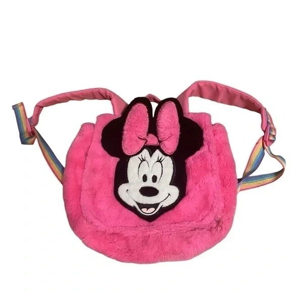 Disney Minnie Mouse Furry Fuzzy Book Bag Back Pack Rainbow Strap Kids