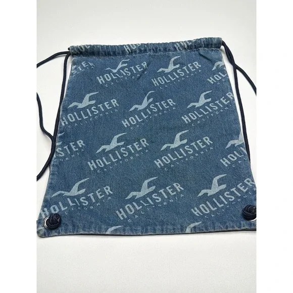 Hollister Denim Drawstring Backpack Blue Logo Print Beach Gym‎ Travel Bag