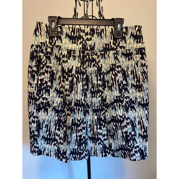 Ann Taylor Blue Abstract Jacquard Mini Skirt Size 0 Cotton Blend Lined Pencil
