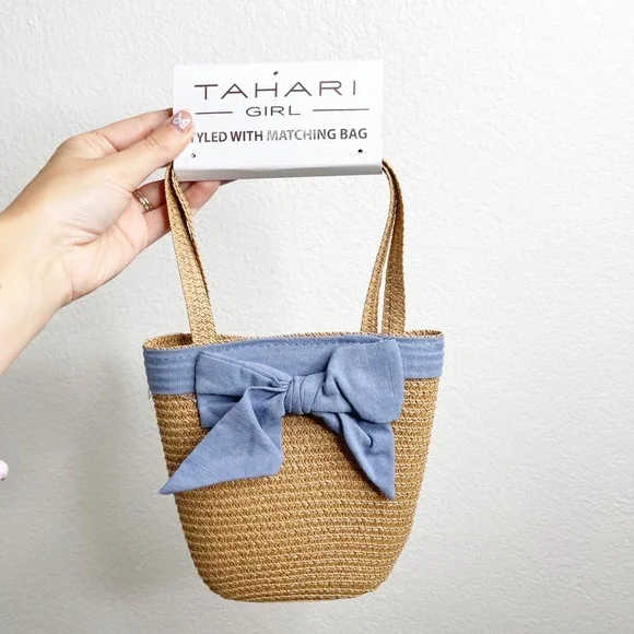 Tahari Kids Mini‎ Woven Straw Tote Bag Tan Blue Trim Summer Beach Basket Purse