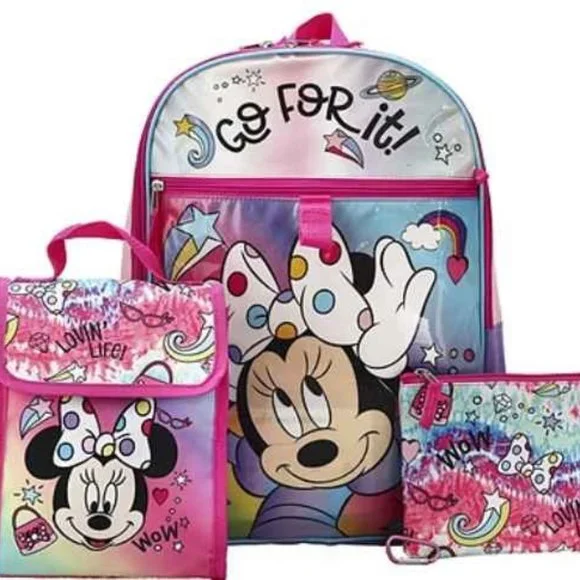 DISNEY Girl's Minnie Mouse Backpack 4 PIECE SET Lunchbox Pouch Key Dangle NEW