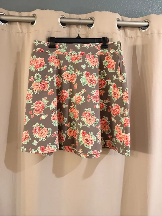 Matilda Jane Floral A-Line Skirt - Pink Rose on Taupe