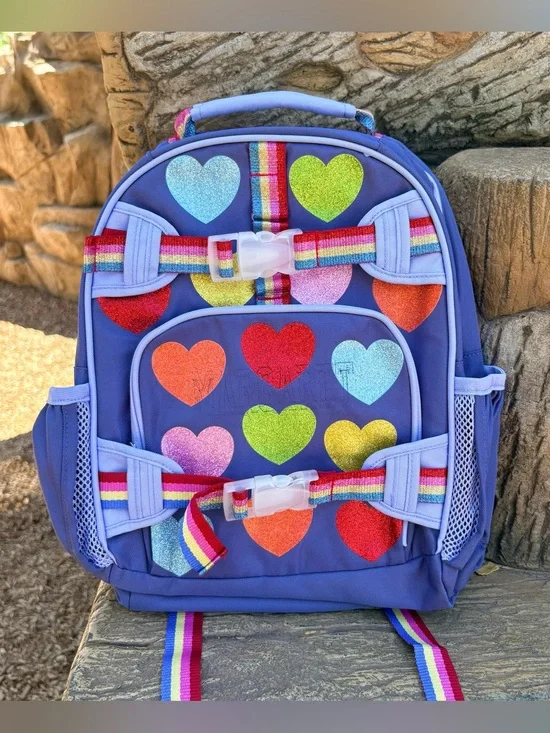 New Pottery Barn Mackenzie Rainbow Glitter Hearts Backpack Size Small
