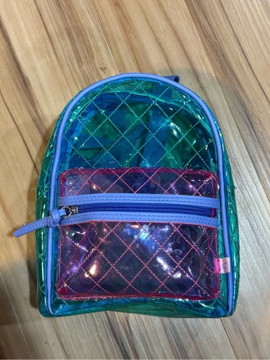 Kids Teal Iridescent Transparent Backpack Carry Loop & Adjustable Straps Retro