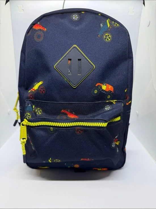 Navy Kids Backpack with Neon Yellow Accent and Racecar Print