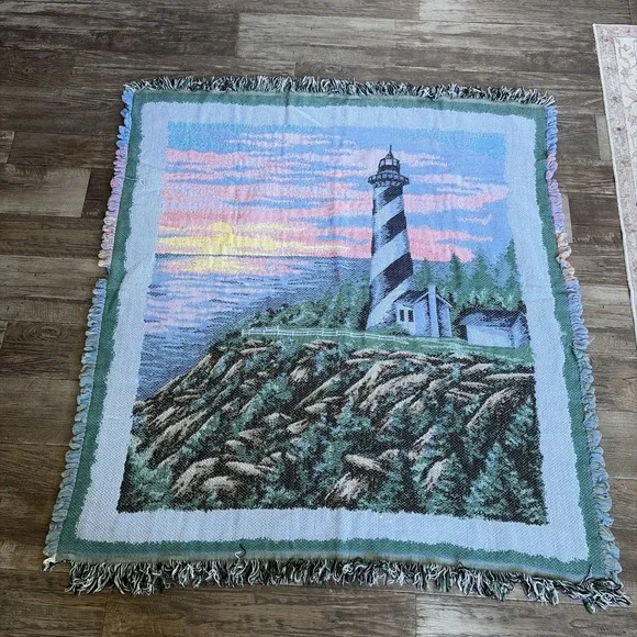 Vintage Lighthouse Woven Afghan Throw Blanket Fringe 56