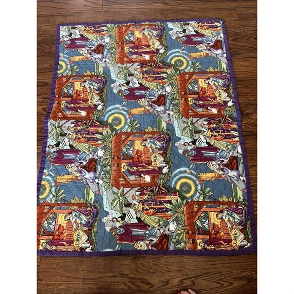 Vintage Christmas Nativity Manger Quilt Blanket Baby Jesus Wise Men Purple Trim