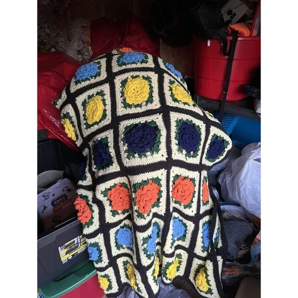 Vintage Handmade Crochet 3D Multi Colored Rose Afghan Throw Blanket Granny