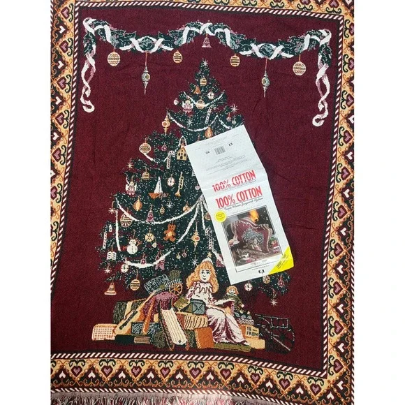 Vintage Christmas Morn Triple Woven Jacquard Throw Blanket 100% Cotton USA