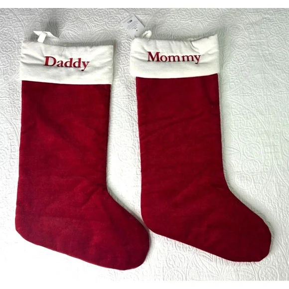 Pottery Barn Extra Large Velour Christmas Stockings Set of 2 Embroidered NEW