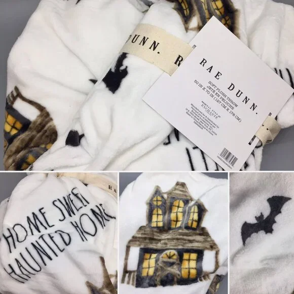 NEW Rae Dunn Halloween HOME SWEET HAUNTED HOME Fleece Throw Blanket House Bats