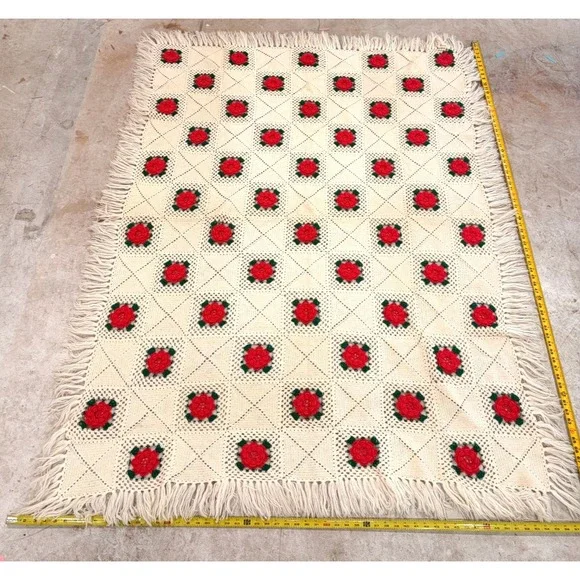 Vintage Handmade Crochet Rose Afghan Throw Blanket Cream Red Green Fringe 59x73