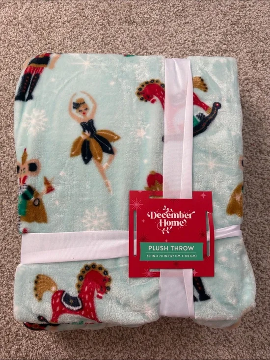 Threshold Light Blue Holiday Plush Throw with Nutcracker & Ballerina Motifs