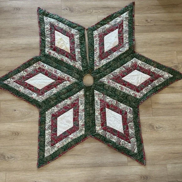 VTG Handmade Quilted Christmas Tree Skirt Star Patchwork Farmhouse Country 55