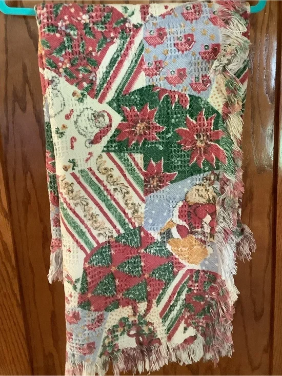 Christmas Poinsettia & Santa Woven Holiday Throw - Red, Green, Cream