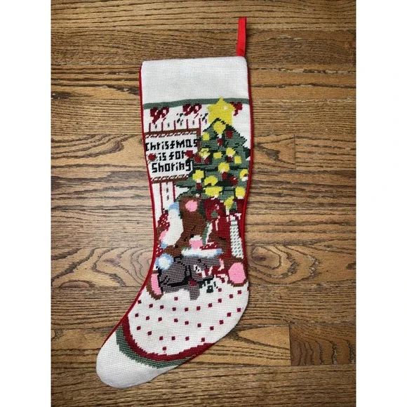 Vintage Needlepoint Christmas Stocking Sleeping Bear Red Velvet Left Hanging
