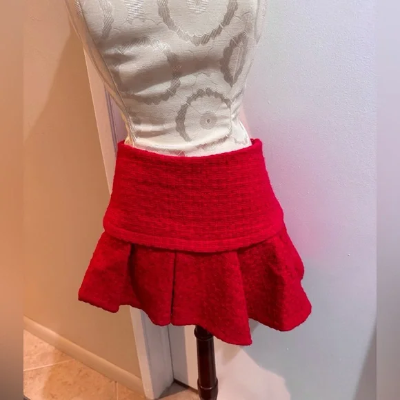 Maje Tweed Ruffled Pleated Asymmetrical Red Micro Mini Skort Skirt US S EU 36