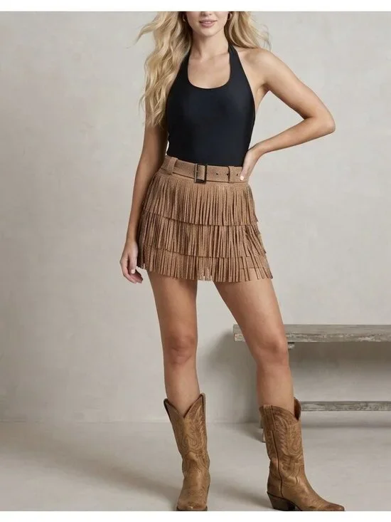 NEW Nylon Apparel Rhinestone Sparkle Fringe Western Mini Skirt Skort Medium Boho