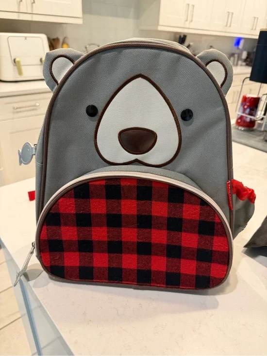 Gray Bear Kids Backpack with Red Buffalo Plaid Pocket