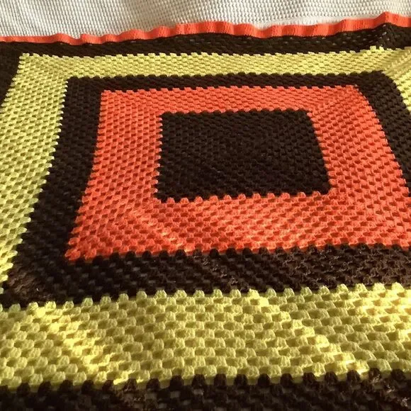 Handmade‎ Blanket Crochet Afghan Throw Brown Yellow Orange 62x56