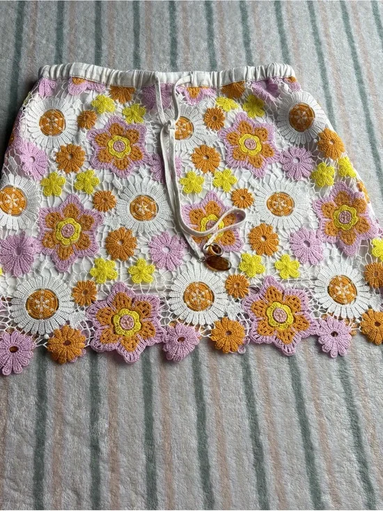 Zara White Crochet Mini Skirt with Pink, Yellow & Orange Floral Appliqué
