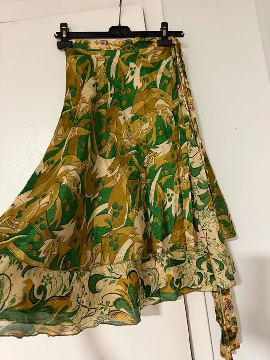Women's silk Green & Gold Printed Wrap Skirt