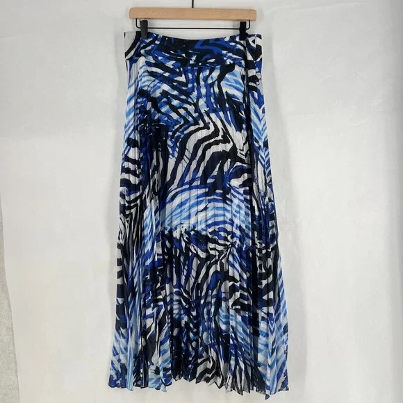 Black Label by Chico's Maxi‎ Skirt Womens M Blue White Zebra Print Lined Pleated