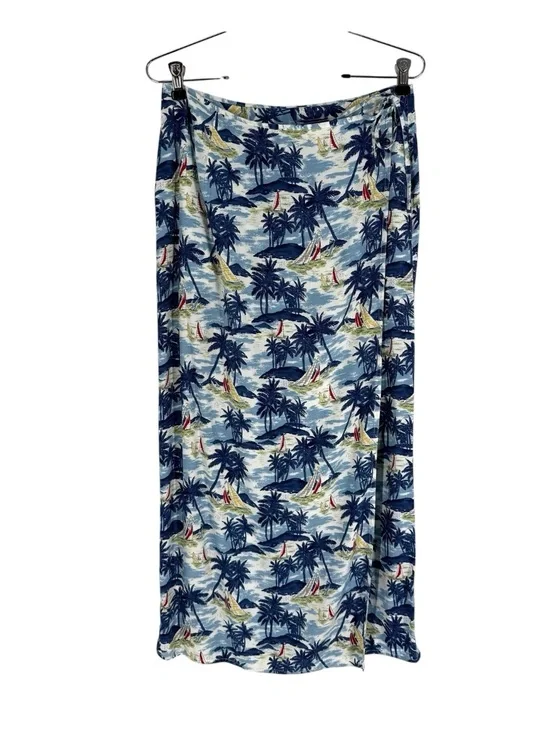 Liz Claiborne Wrap Maxi Skirt Womens Size 10 Blue Palm Tree Sail Boat Print