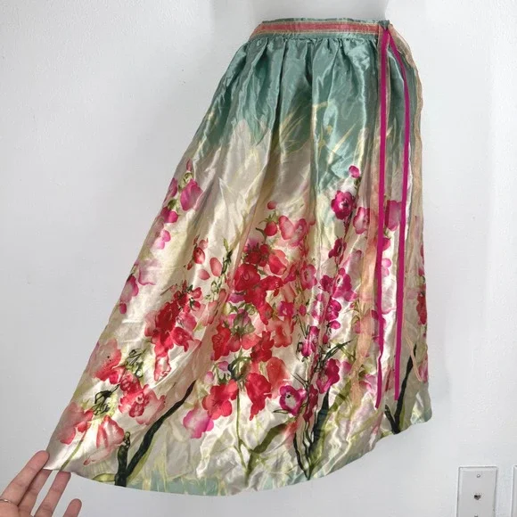 Vintage Floral Silk Blend Midi Skirt Fairy Y2K 10 Ribbon Trim Watercolor Garden