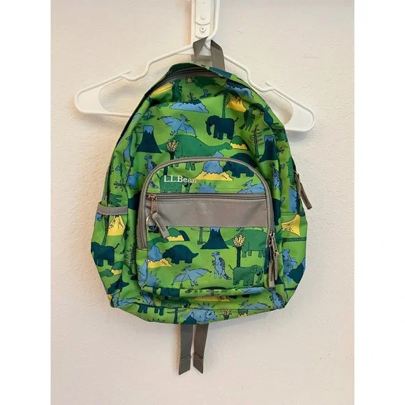 LL Bean Kids Original Book Pack Backpack Green Dinosaur Print Reflective 15 inch