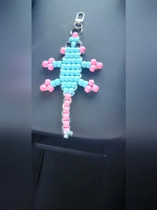 Handmade Beaded Mouse Keychain - Blue & Pink
