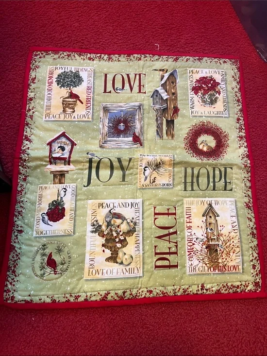 Festive Holiday Quilt Throw – Red and Green Joy & Peace Design