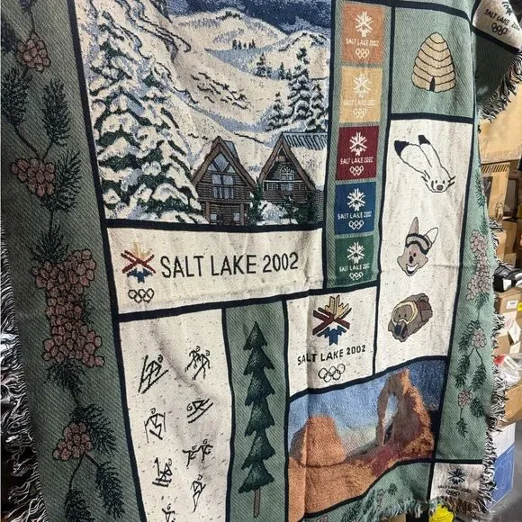 Salt Lake 2002 Olympic Commemorative Throw Blanket - Green, Blue, Cream