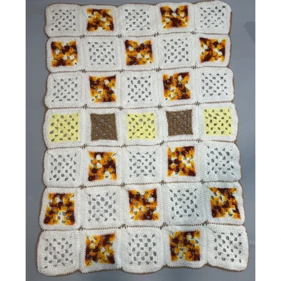 Baby-Aphgan-Blanket-Crochet-Handmade Unisex 40in X 29.5in‎ White Brown Orange