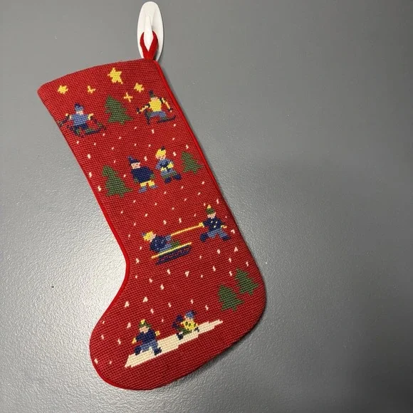Vintage Needlepoint Christmas Stocking Wool Red Velvet Winter Sports Sled Ski #2
